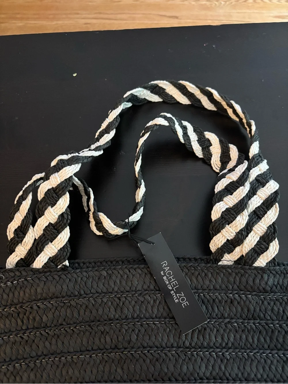 Rachel Zoe Black Woven Tote with Black and White Twisted Rope Handles